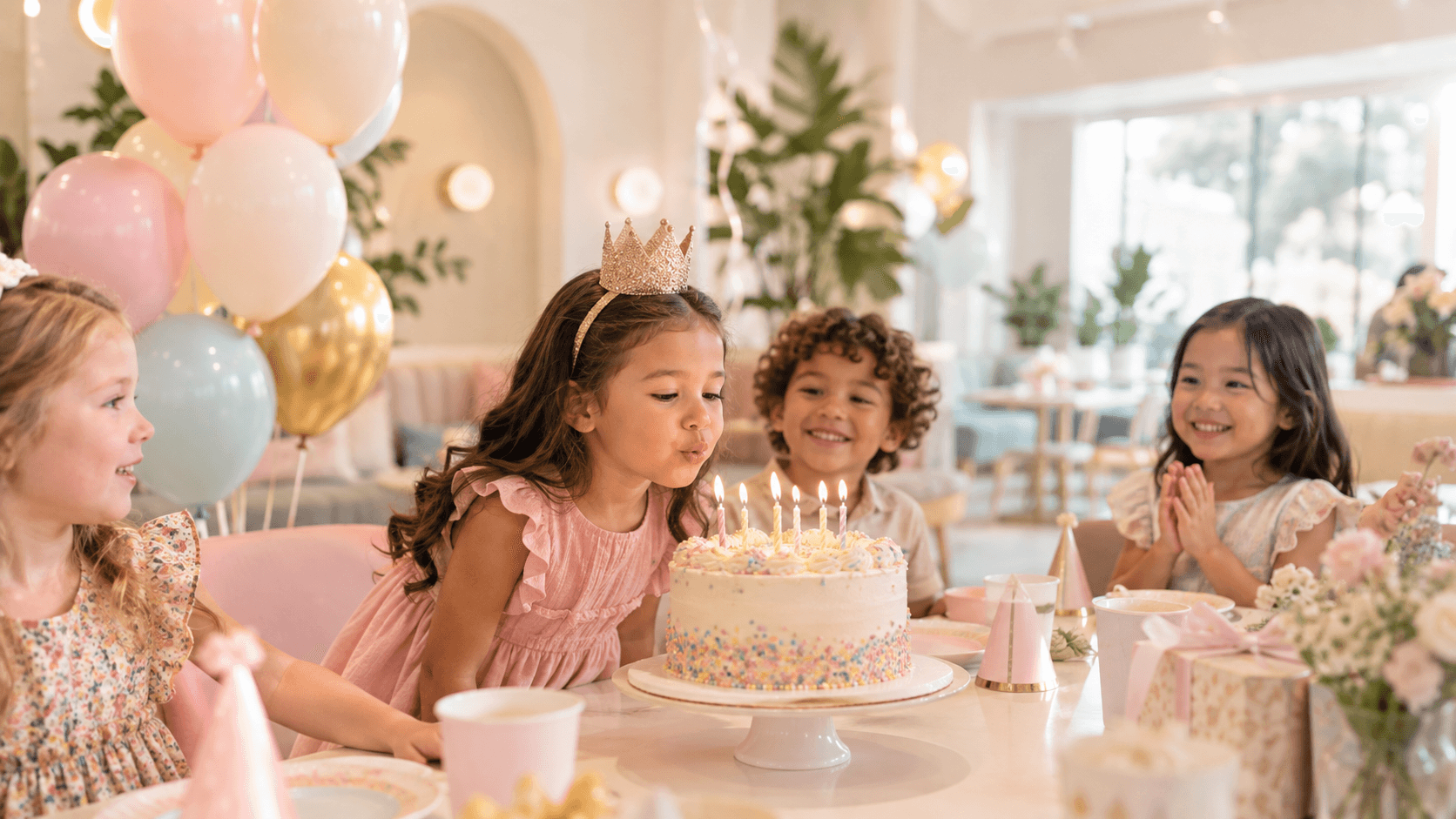 Kids celebrating a birthday with a cake and pastel balloons