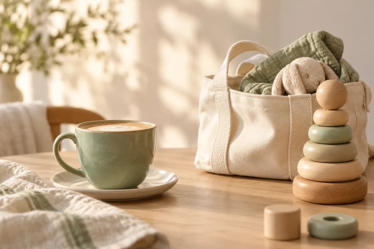 A sage ceramic coffee cup beside a cream outing bag and a wooden stacking toy on a pale oak table
