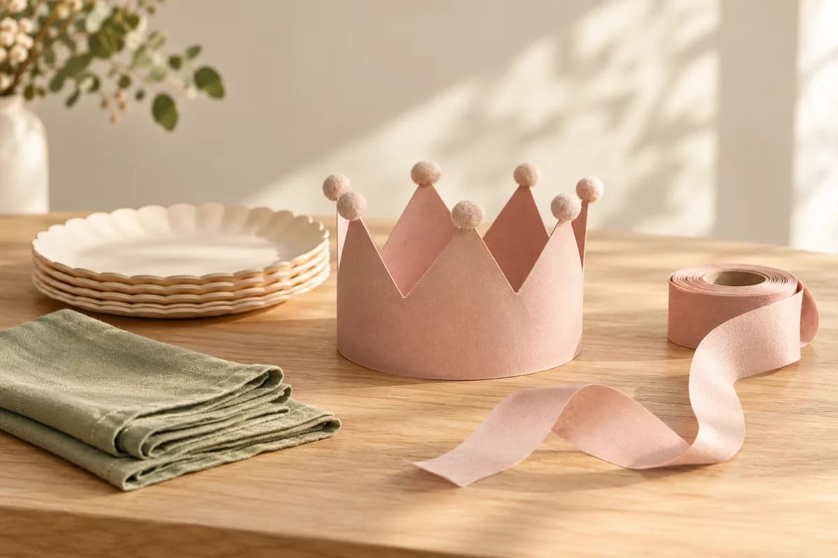 A blush paper birthday crown with cream party plates, folded sage napkins, and a roll of pink ribbon on a wooden table